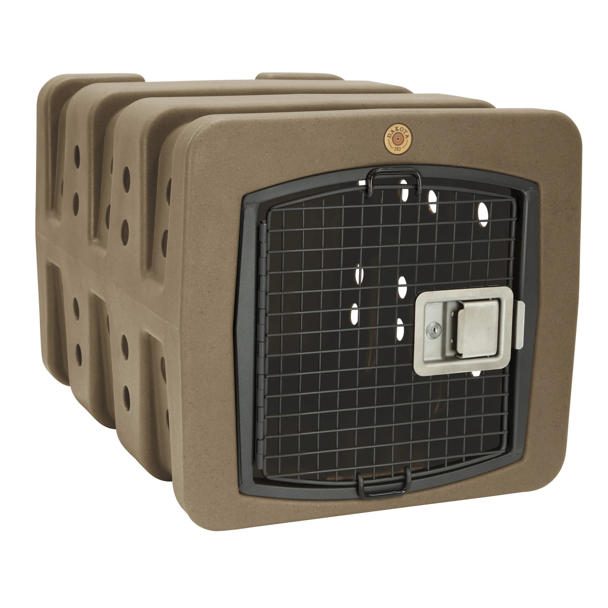 Dakota 283  Brown pet carrier with a black mesh door on a white background