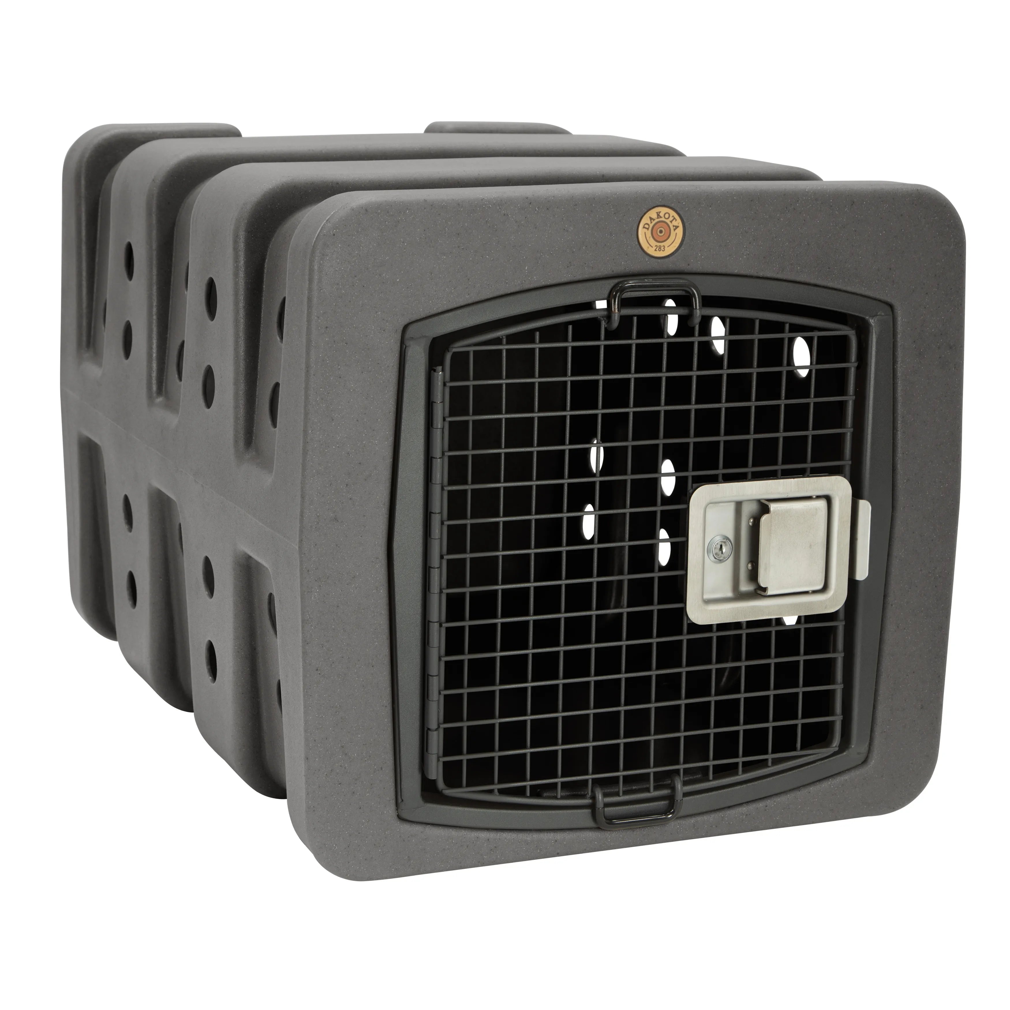 Dakota 283  D2-T1-DAR-ANGLE_ Brown pet carrier with a black mesh door on a white background