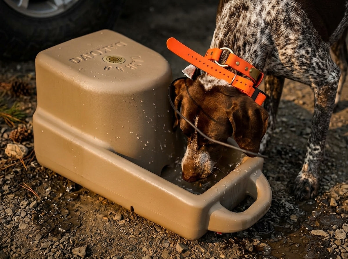 A dog drinking water from a beige plastic outdoor water fountain, wearing an orange collar, on a gravel ground.