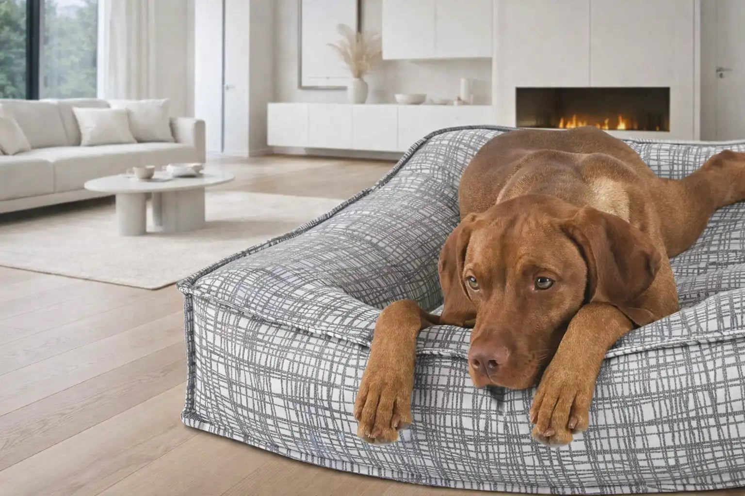 Dog lying on a Bowsers Tribeca patterned  premium dog bed in a modern living room.