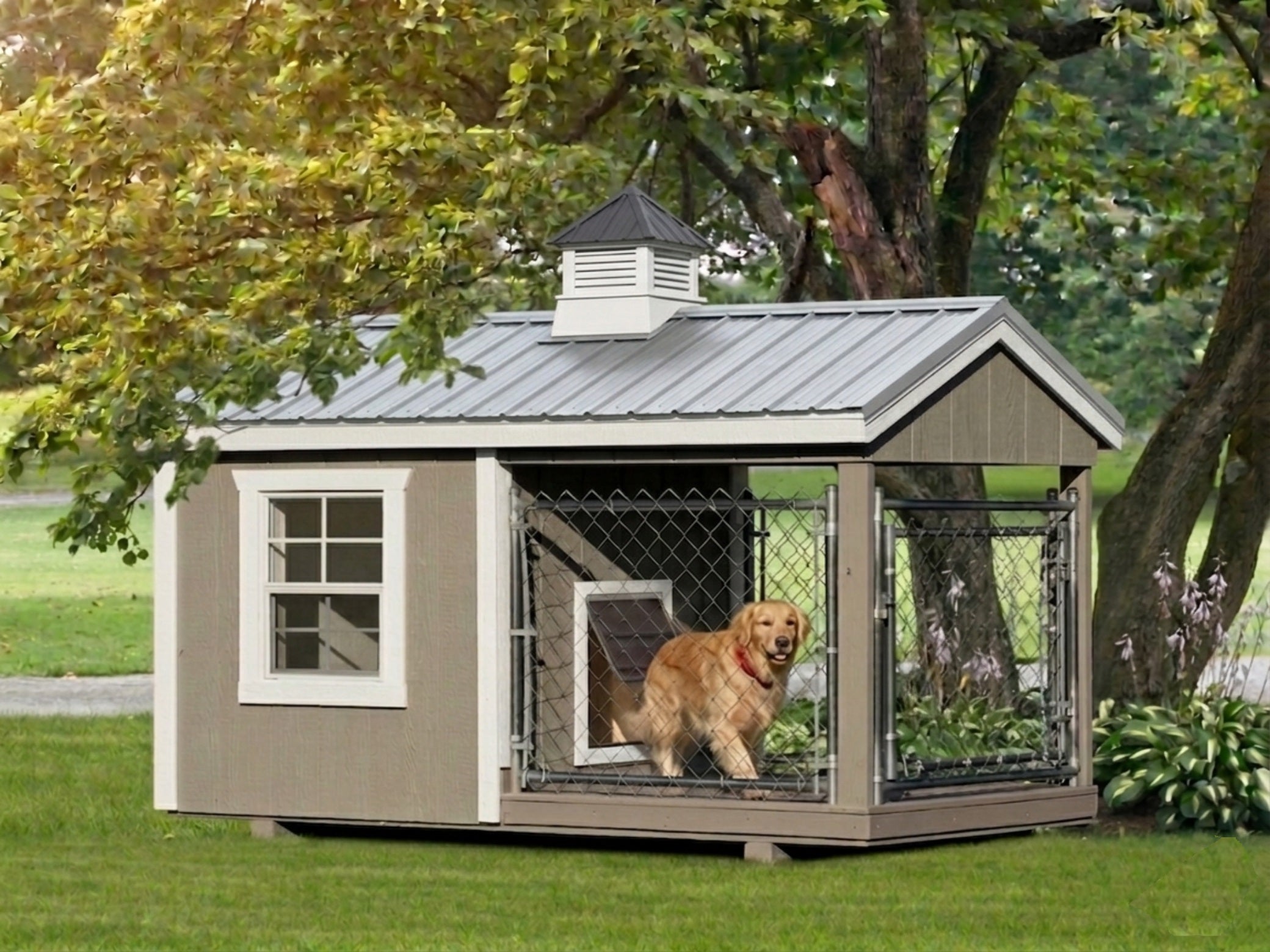 Executive Estate Dog Kennel Dog house with a dog standing inside, surrounded by trees and greenery