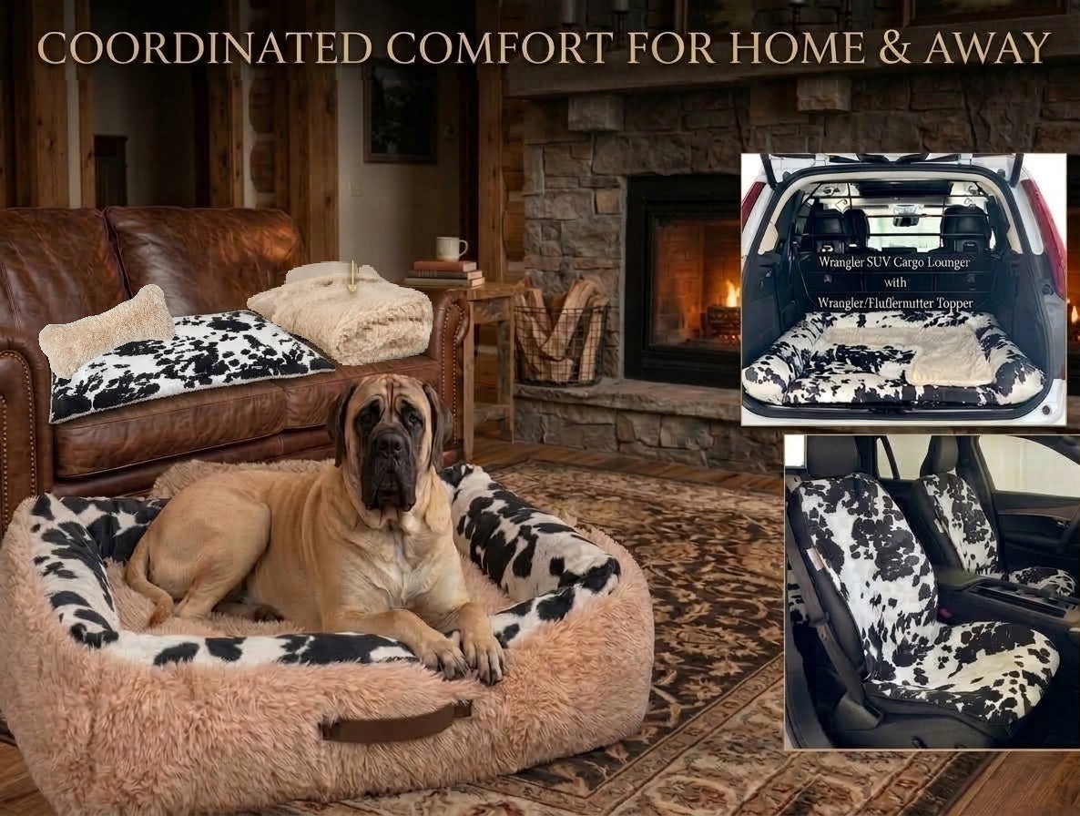 The Dude™  Wrangler Cowhide Dog Bed – Luxury Western Faux Fur Dog Bed Home & Car Set