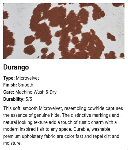 A product information card for a brown and white cowhide-patterned microvelvet fabric. The top shows a close-up of the textured faux fur pattern, labeled 'Durango'.