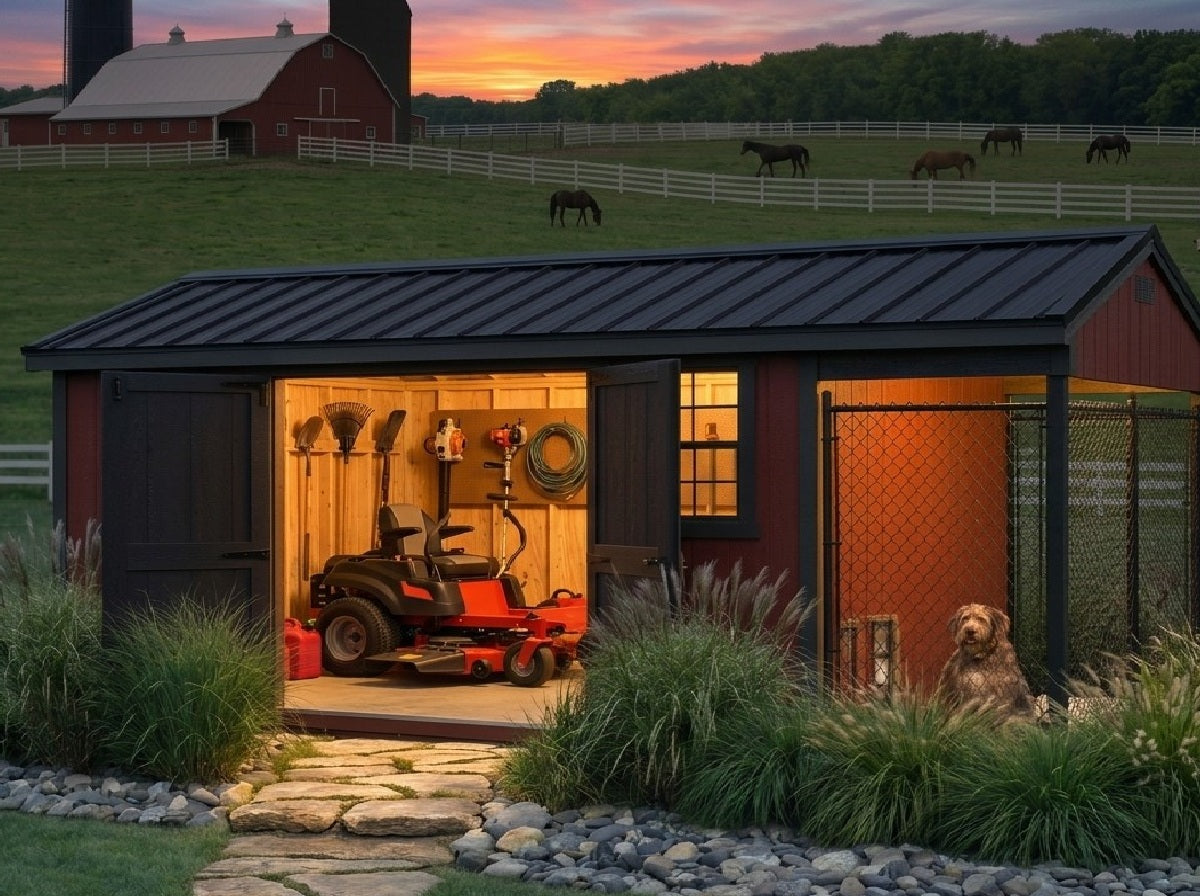 Storage shed with tools and a tractor, surrounded by a rural landscape with horses and a sunset.