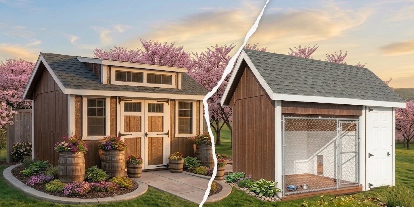 A shed style dog kennel with views showing front and back