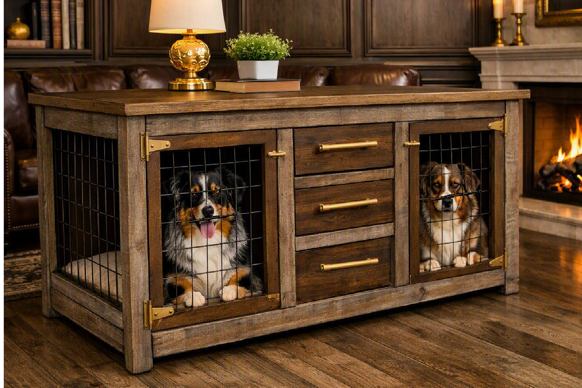 Dogominium Rustic Furniture Hutch Dog Crate with Dog Bowls