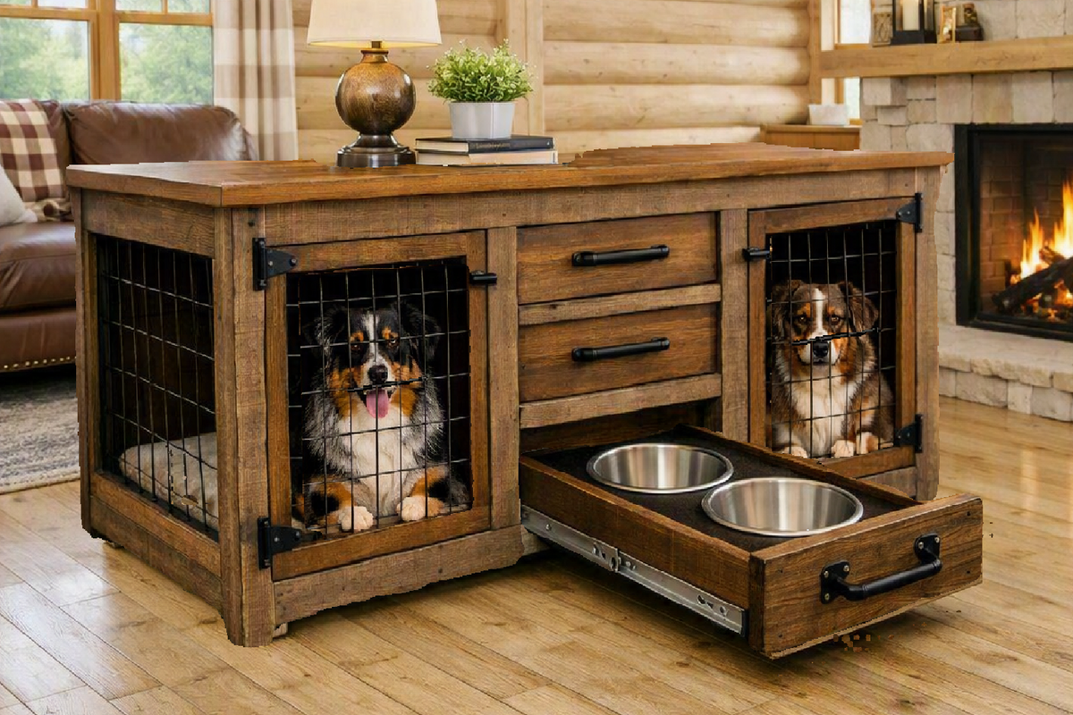 Dogominium Rustic Furniture Hutch Dog Crate with Dog Bowls
