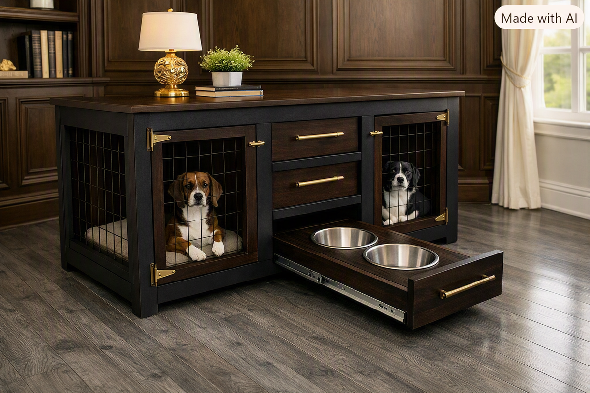 Dogominium Sophisticated Furniture Hutch Dog Crate with Dog Bowls