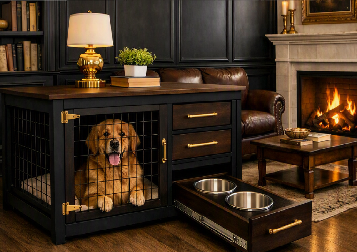 Dogominium Sophisticated Furniture Hutch Dog Crate with Dog Bowls