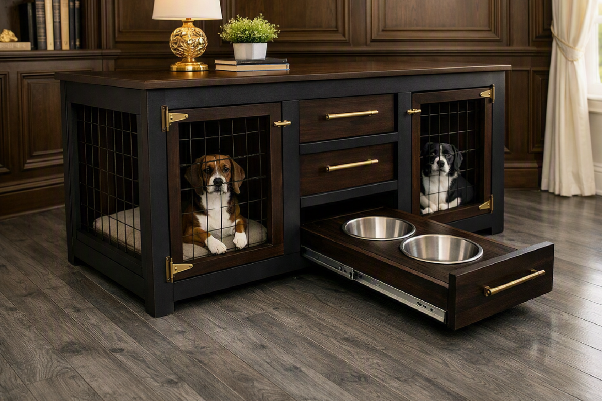 A dark wood pet condo with two wire-front kennels, three drawers, and an extended drawer revealing two stainless steel bowls. Two dogs are sitting inside the pet condo, one in each kennel, on a dark wood floor in a luxurious room.