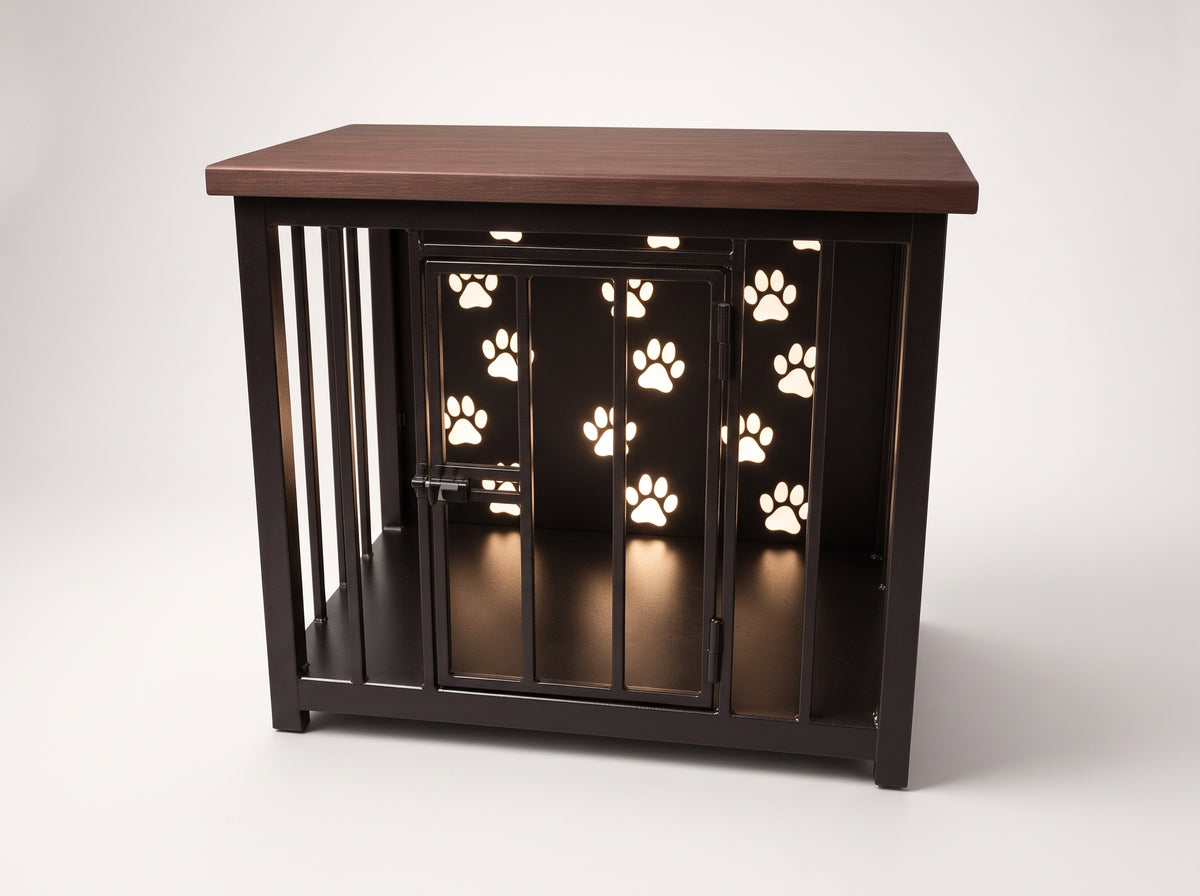 A dark brown wooden pet crate with black metal door bars featuring illuminated paw print cutouts, shown on a light gray studio background.