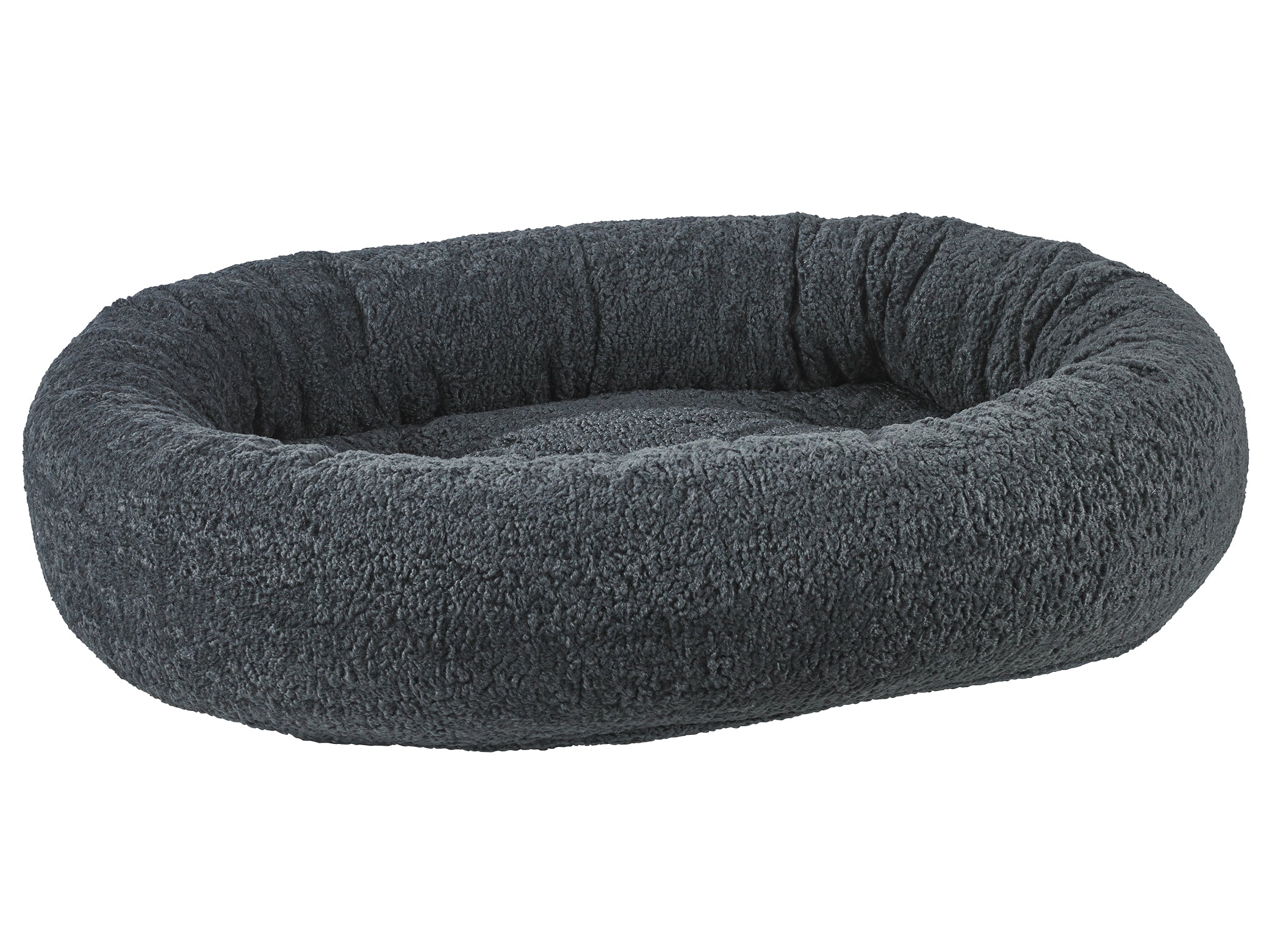 A dark gray plush fleece pet bed with a high bolstered rim, shown on a solid white background.