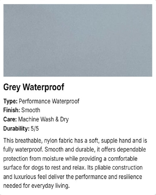 A product information card showing a grey waterproof fabric swatch at the top and text below describing the material as a smooth, supple, and fully waterproof nylon fabric.
