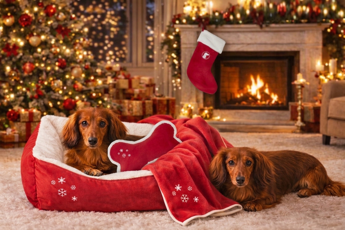 Two long-haired dachshunds relax in a red and white Christmas-themed pet bed with a matching blanket, set in a cozy holiday living room with a fireplace, stockings, and a decorated Christmas tree.