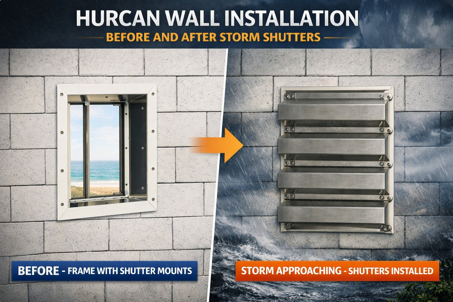 Hurricane Wall Installed Hurcan Door Hurricane wall installation comparison graphic showing a window frame with shutter mounts on the left and installed metal storm shutters on the right, with text reading 'Hurricane Wall Installation Before and After Storm Shutters.'.