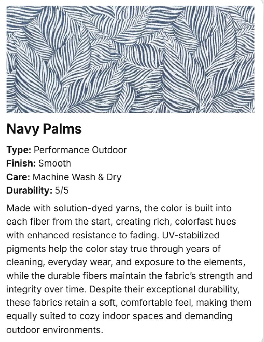 A product information card showing a navy blue and white palm leaf pattern swatch, with text below reading 'Navy Palms' and details about type, finish, care, and durability.