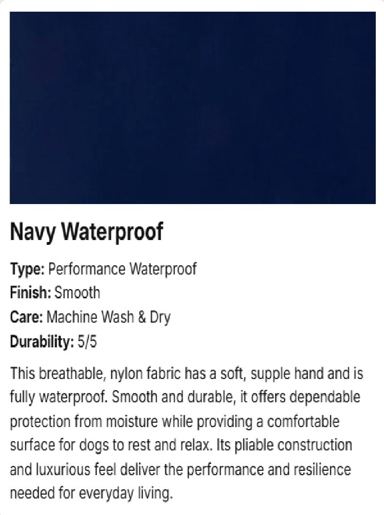 Navy blue color swatch with text below reading 'Navy Waterproof' and product details for a performance waterproof fabric.