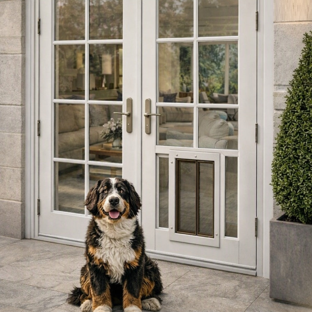 Pleixidor Glass Door Insert for Dog Door on French Door with a Bernese mountain dog sits on a stone patio in front of white French patio doors with a small pet door installed in the lower right panel.