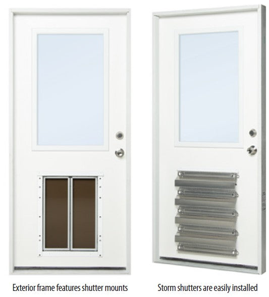 Plexidor exterior storm shutters shown side by side on a white background, with text reading 'Exterior frame features shutter mounts' and 'Storm shutters are easily installed.' The left shutter has a frosted window panel and a brown pet door insert; the right shutter has a larger frosted window panel and multiple silver storm shutters installed below.