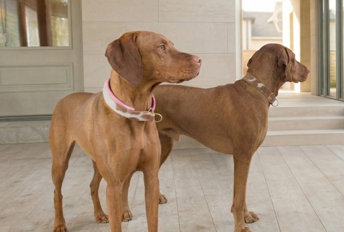 Bowsers pet products two brown dogs standing indoors on a light tiled floor, wearing collars. One dog is in profile facing right, and the other is turned slightly toward the camera wearing a pink collar.