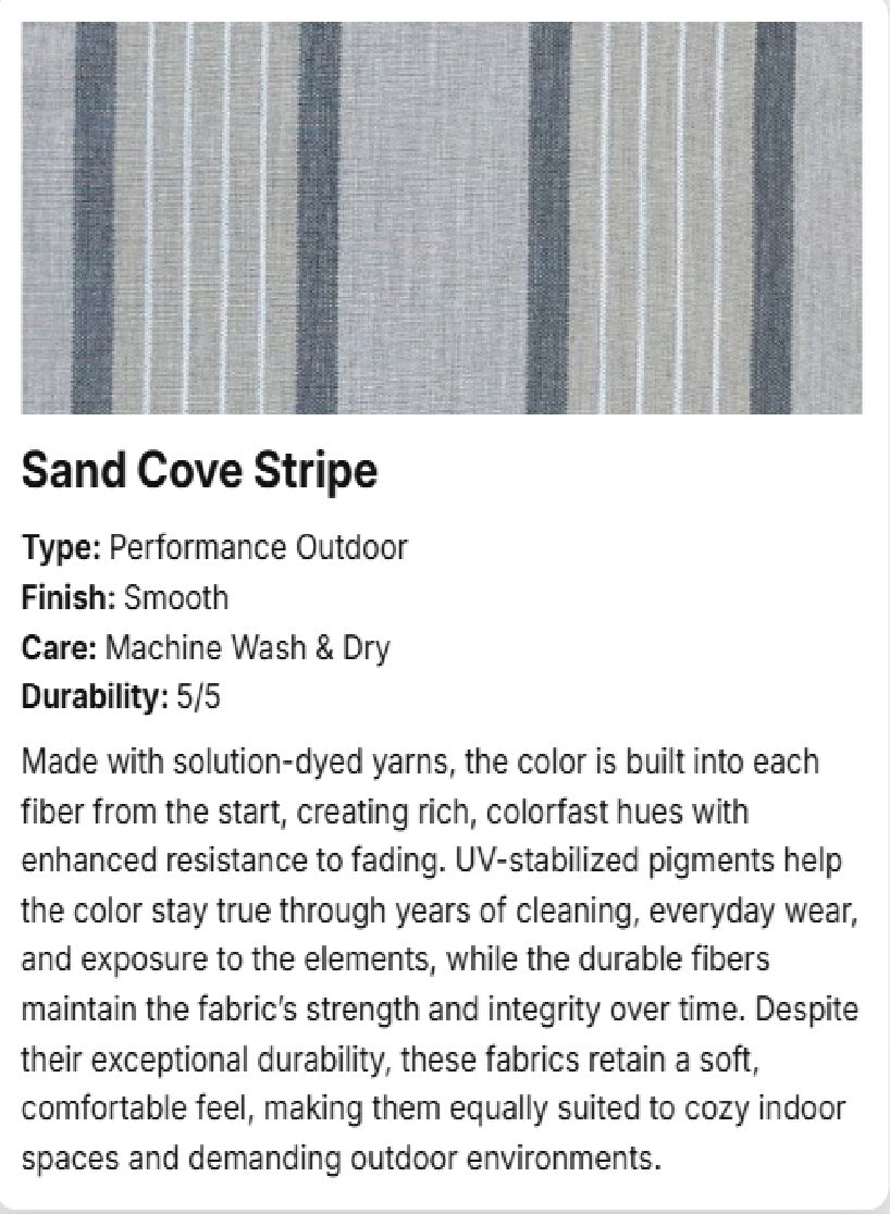 A fabric color and material information card for 'Sand Cove Stripe'. The top shows a close-up of the striped fabric pattern, which consists of vertical stripes in slate blue, gray, and off-white.
