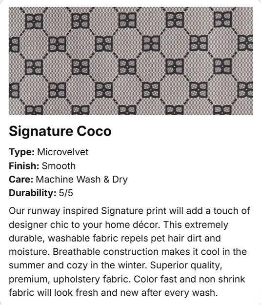 A product information card for a microvelvet fabric named 'Signature Coco'. The top shows a close-up of the gray and white textured fabric pattern.