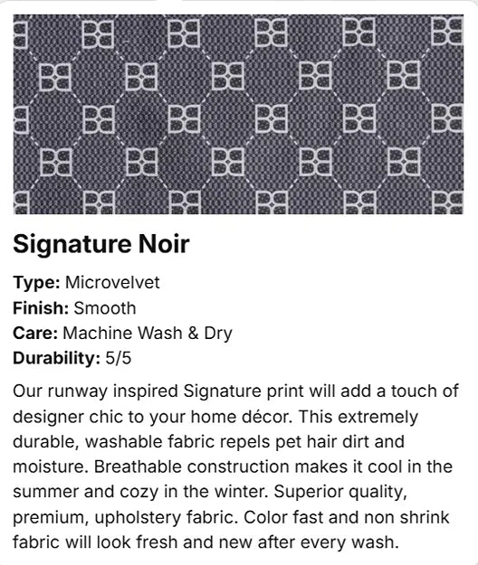A product information card showing a close-up of a dark charcoal gray and white microvelvet fabric pattern, labeled 'Signature Noir', with text detailing its microvelvet type, smooth finish, machine washable care, and 5/5 durability.