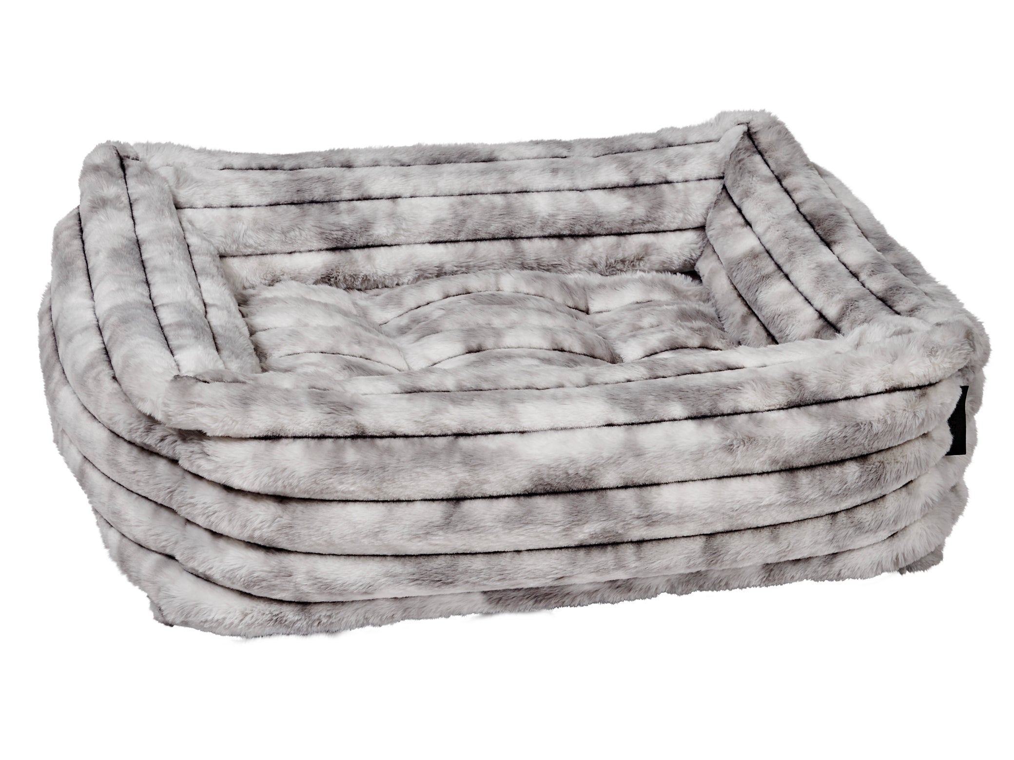 Bowsers pet products dog bed with upholstery grade fabric gray and white pet bed on a white background