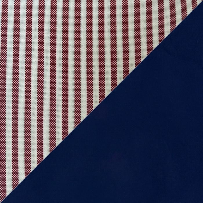 Two fabric swatches shown diagonally: one with vertical red and off-white stripes, and one solid dark navy blue.