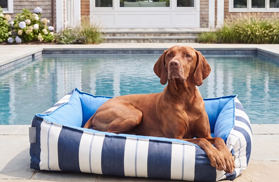 A brown dog lies on a blue and navy striped outdoor pet bed positioned on a stone patio next to a swimming pool, with a house in the background.