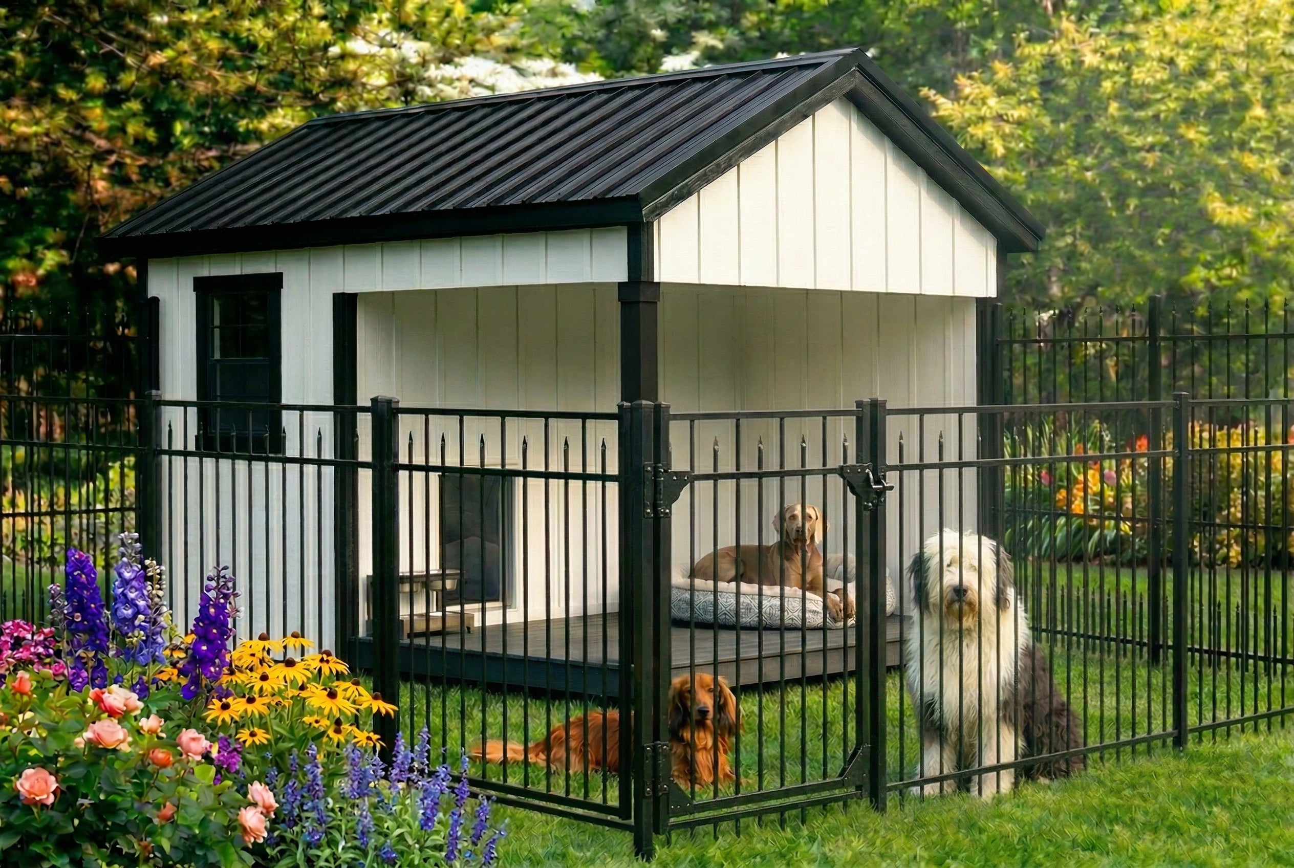 A white and black dog house with a black metal fence and gate, shown in a backyard with three dogs on a green lawn and colorful flowers in the foreground.