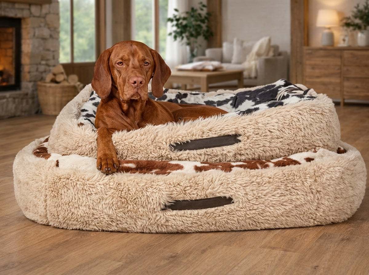 A brown dog lies on a fluffy cream-colored cow-print pet bed in a cozy living room with wood floors and a fireplace.