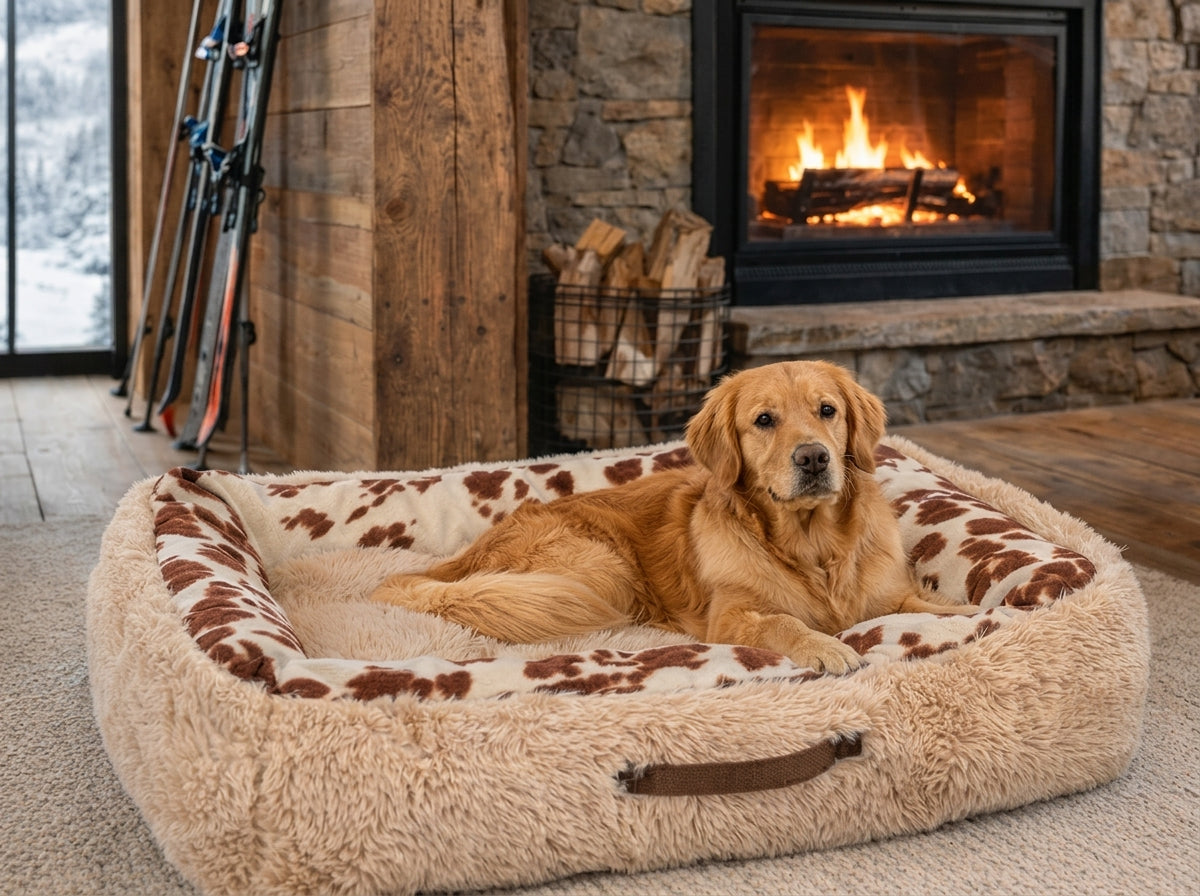 A golden retriever lies in a fluffy cream and brown cow-print pet bed placed in front of a stone fireplace with a burning wood stove. Skis lean against a wooden column in the background.