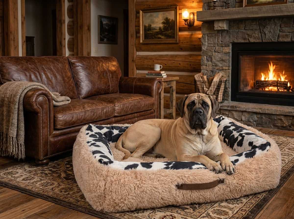 A tan mastiff-type dog lies in a fluffy cream pet bed with black-and-white cow-print lining, placed in a rustic living room with a leather sofa and a lit fireplace.