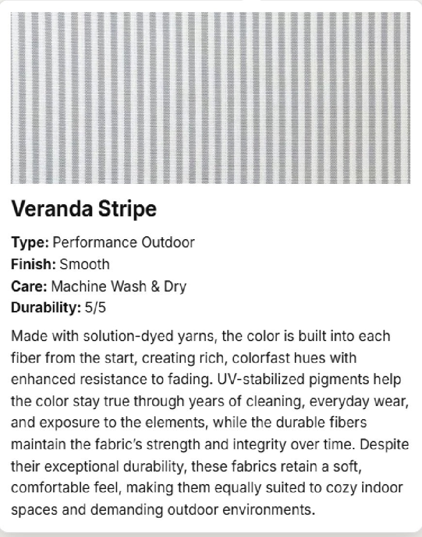 A product information card for 'Veranda Stripe' outdoor fabric. The top shows a close-up of the striped fabric texture.