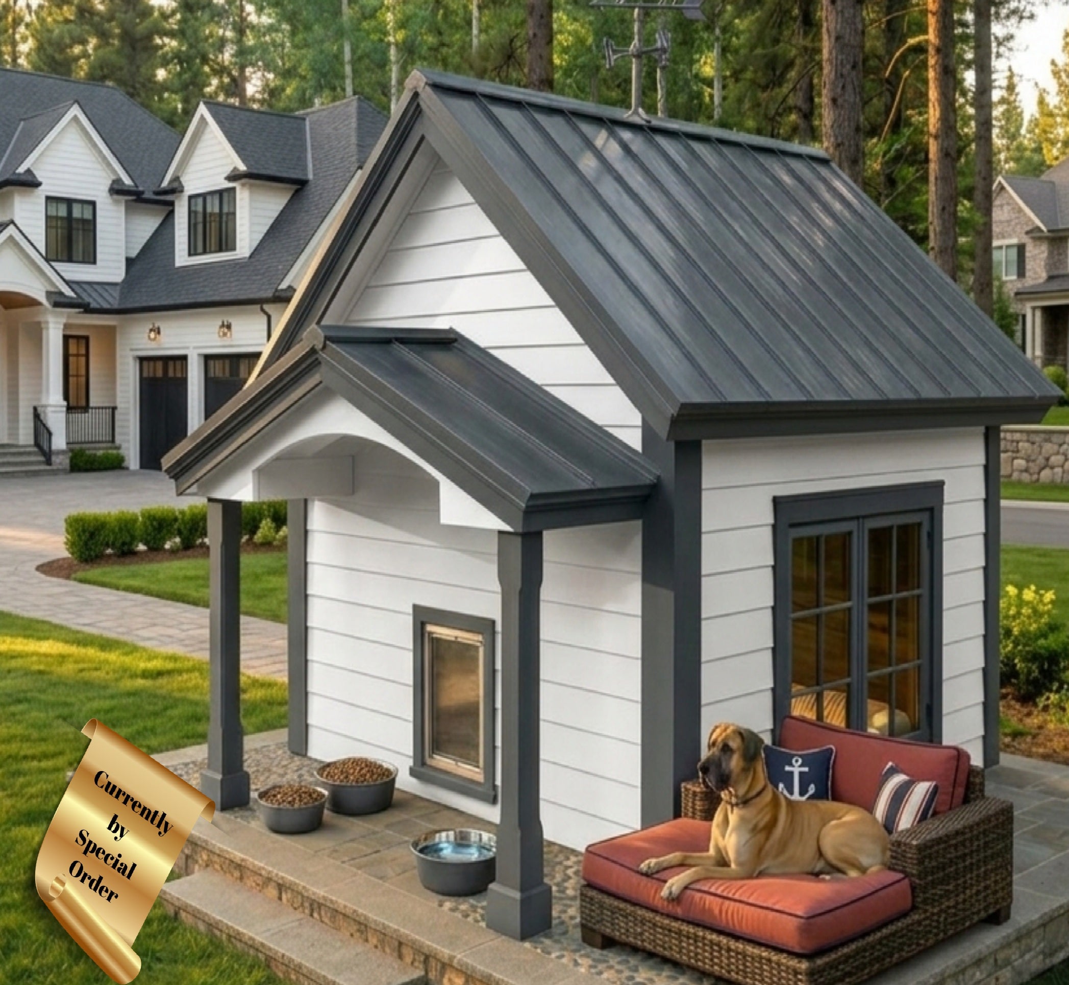 Luxury Modern Farmhouse Dog House - Insulated Outdoor Pet Mansion with Porch, Metal Roof & Windows - White/Charcoal