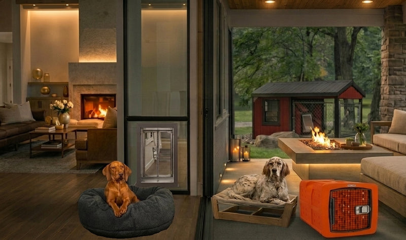 Dogominium Vendors displayed. A pet door installed in a glass panel of a modern home interior, shown with two dogs in different beds in a cozy living room and patio setting.