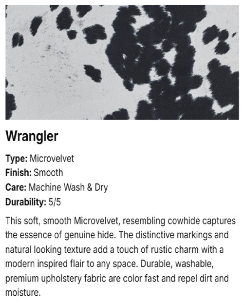 A product information card for Wrangler microvelvet upholstery fabric, showing a black-and-white close-up texture sample and text describing the type as microvelvet, finish as smooth, care as machine wash and dry, and durability as 5/5.