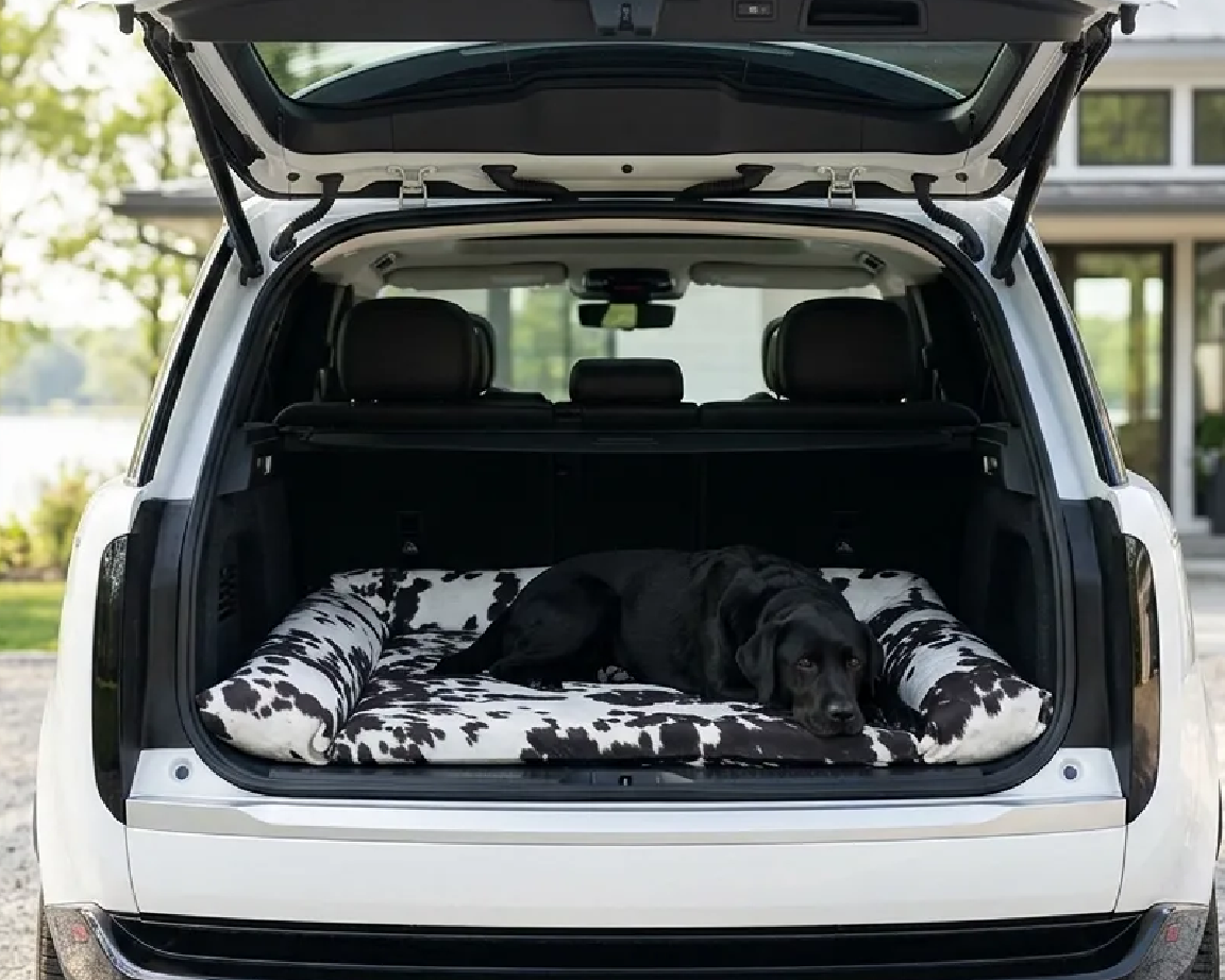 A black dog rests on a cow-print car bed placed inside the open trunk of a white SUV, with a blurred outdoor background.