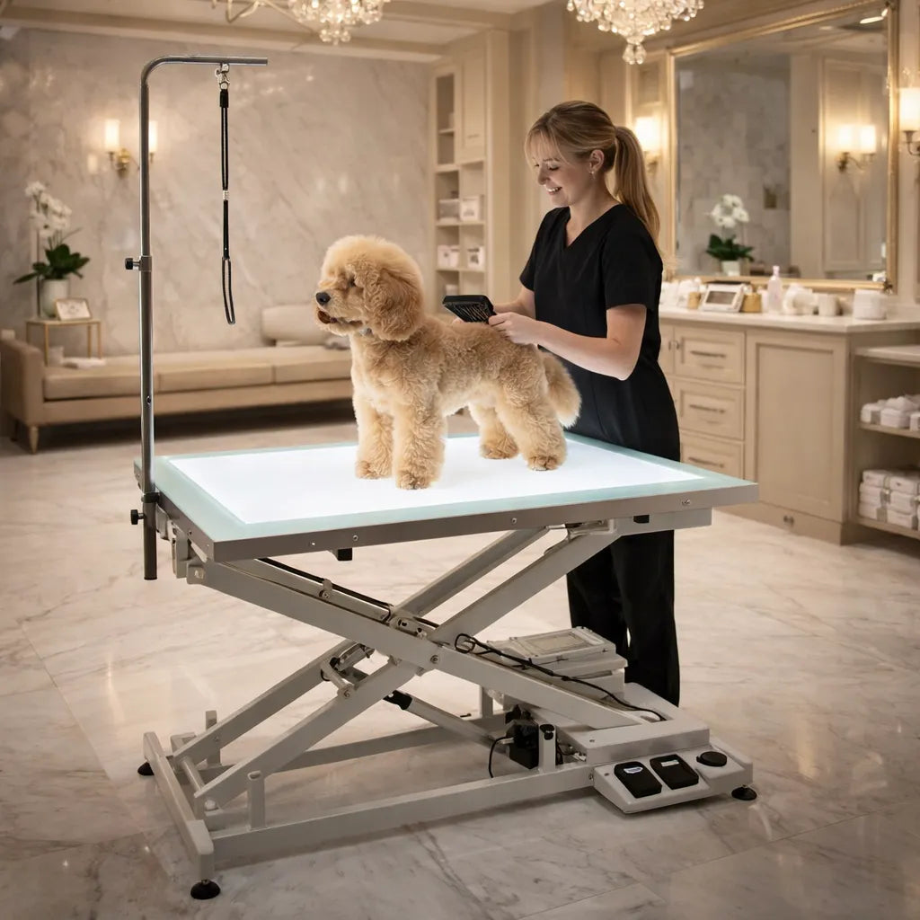 LED Lighted Electric Grooming Table with Glass Top for Dog Salons and Veterinary Clinics