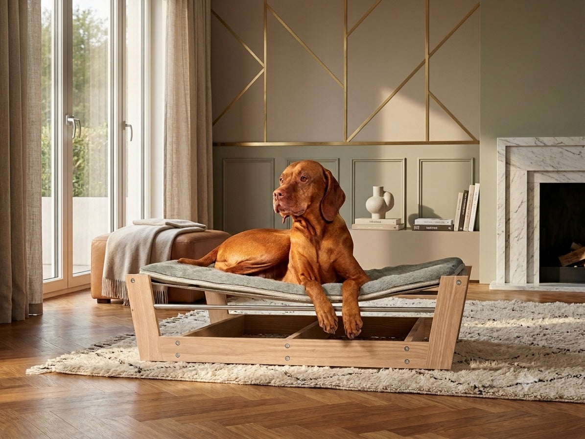 Bowsers pet products dog sitting on a Yugen Modern elevated wooden pet bed in a modern living room.