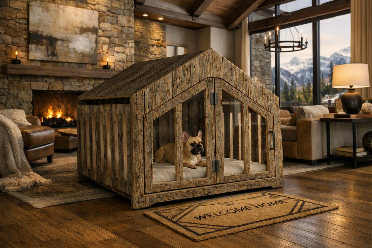 A rustic wooden dog house with glass doors and a dog lying inside, placed in a cozy living room with a fireplace, mountains outside the window, and a 'Welcome Home' doormat in front.